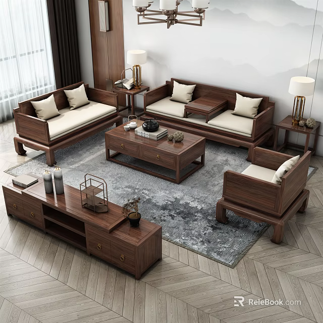 Elegant Modern Wooden Sofa and Coffee Table Set with Cushions and Side Tables 3d model 