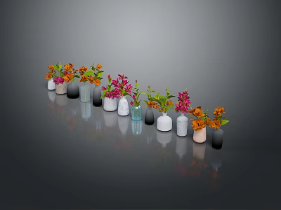 Sculpted Ceramic Vases With Colorful Flowers Arranged In A Row On Gray Background With Reflection 3d model