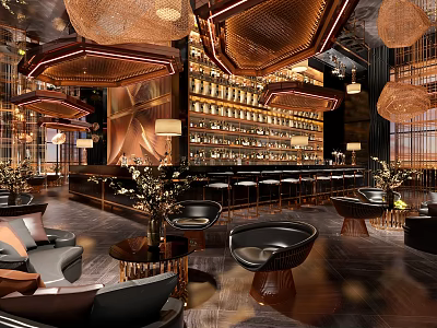 Elegant Bar Interior With Bar Counter Wine Racks Hanging Lamps And Leather Seating 3d model