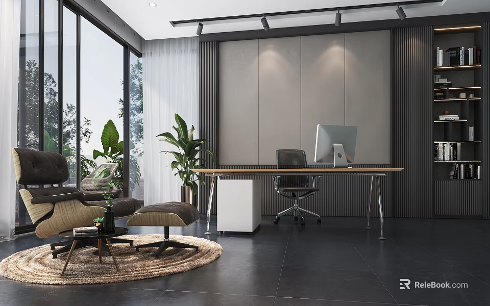 Modern Office Interior With Floor to Ceiling Windows Green Plants Lounge Area And Work Desk 3d model 