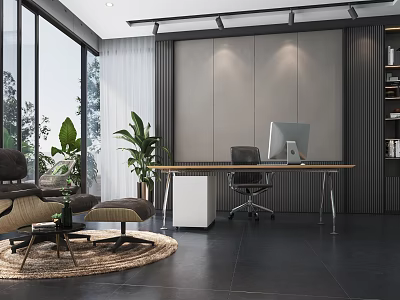 Modern Office Interior With Floor to Ceiling Windows Green Plants Lounge Area And Work Desk 3d model
