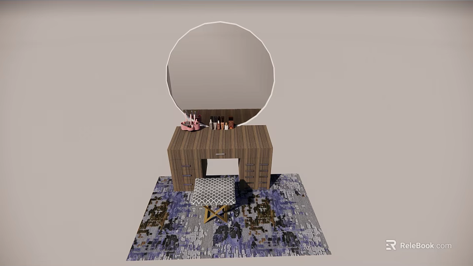 Wooden Dressing Table With Round Mirror Cosmetics Drawers And Patterned Stool On Rug 3d model 