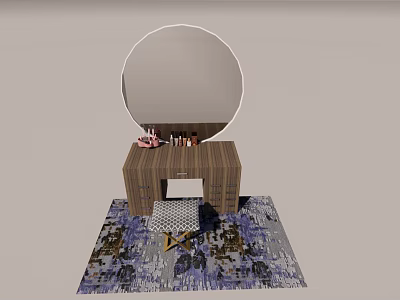 Wooden Dressing Table With Round Mirror Cosmetics Drawers And Patterned Stool On Rug 3d model