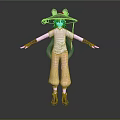 3D Character With Animal Ear Hat White Top Beige Pants Black Gloves Standing Arms Outstretched