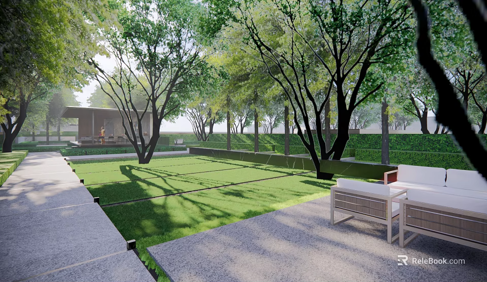 Modern Residential Landscape With Lush Lawn Shade Trees And Outdoor Seating Area 3d model 