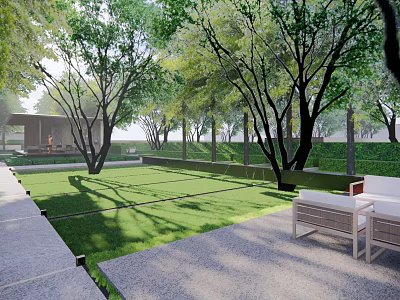 Modern Residential Landscape With Lush Lawn Shade Trees And Outdoor Seating Area 3d model