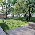 Modern Residential Landscape With Lush Lawn Shade Trees And Outdoor Seating Area