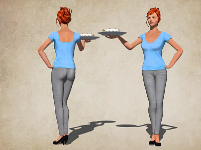 Woman With Red Hair In Blue Top Gray Pants Black Shoes Holding Plates With Food 3d model