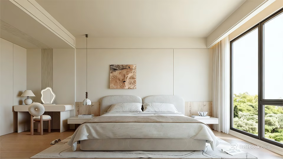 Minimalist Bedroom Interior With Bed Decorative Painting Hanging Lamp And Dressing Table 3d model 