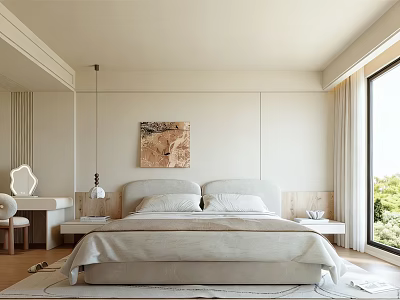 Minimalist Bedroom Interior With Bed Decorative Painting Hanging Lamp And Dressing Table 3d model