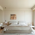 Minimalist Bedroom Interior With Bed Decorative Painting Hanging Lamp And Dressing Table