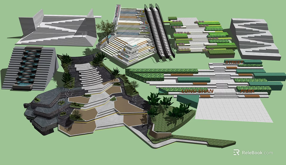 Modern Outdoor Stairs Design With Stone Steps Geometric Shape And Greenery 3d model 