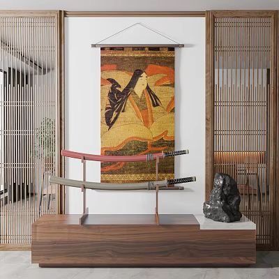 Traditional Figure Painting Hanging On Wall With Bamboo Partitions Wooden Table Swords And Stone Ornament 3d model