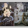 Two Art Paintings Featuring Pink White Lotus and Human Figure on Dark Purple Textured Background