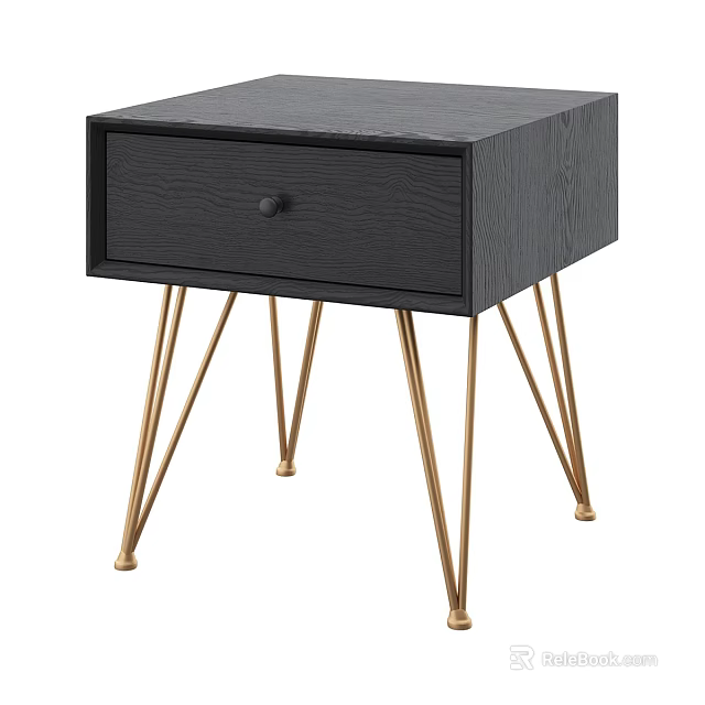 Modern Black Bedside Table With Single Drawer And Gold Metal Legs 3d model 