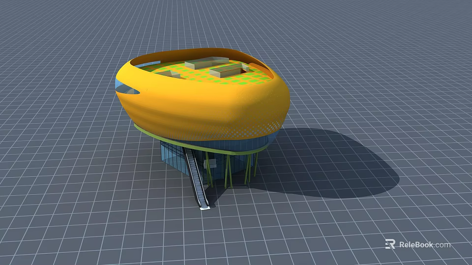 Yellow Circular 3D Structure Model With Interior Elements And Grid Floor Base 3d model