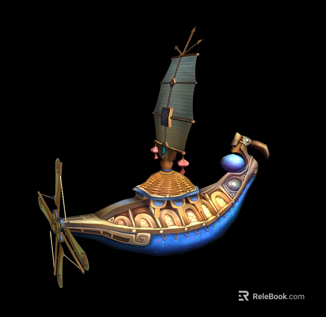 Cartoon Scene Featuring A Fantasy Sailboat With Bird Shaped Prow Blue Hull And Golden Accents 3d model 