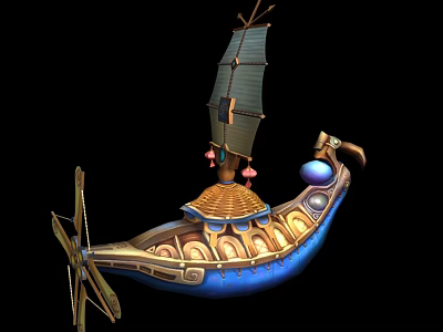 Cartoon Scene Featuring A Fantasy Sailboat With Bird Shaped Prow Blue Hull And Golden Accents 3d model