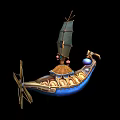 Cartoon Scene Featuring A Fantasy Sailboat With Bird Shaped Prow Blue Hull And Golden Accents