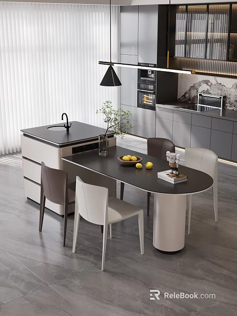 Modern Dining Table Set With Kitchen Island Black Tabletop Beige Brown Chairs And Potted Plant 3d model 