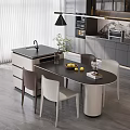 Modern Dining Table Set With Kitchen Island Black Tabletop Beige Brown Chairs And Potted Plant