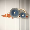 Modern Wall Decor Featuring Circular Blue Orange Elements With Golden Rings And Striped Patterns 3d model