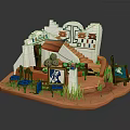 Vibrant Cartoon Scene With White Building Staircase Blue Tables Chairs And Decorative Art