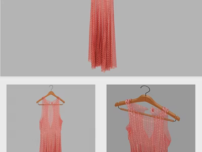 Pink Sleeveless Mesh Dress With Fringe Detail Hanging On Wooden Hanger 3d model
