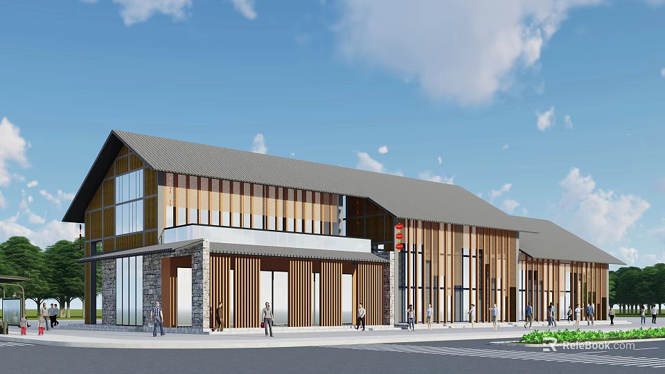 Modern Office Building Featuring Wooden Facade Glass Windows And Gray Roof Design 3d model 