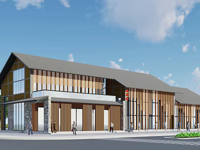 Modern Office Building Featuring Wooden Facade Glass Windows And Gray Roof Design 3d model