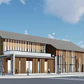 Modern Office Building Featuring Wooden Facade Glass Windows And Gray Roof Design