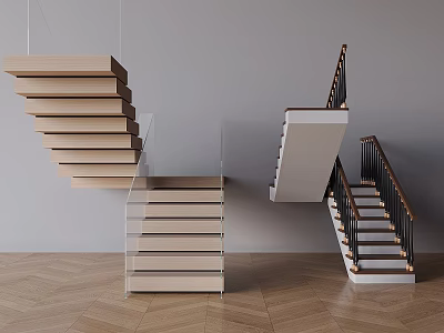 Modern Staircase Design With Floating Wooden Steps Glass Railings And Black Metal Handrails 3d model