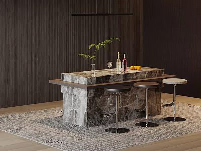 Modern Elegant Natural Rough Stone Home Bar Counter With Three Stylish Adjustable Bar Stools 3d model