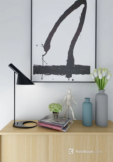 Decorative Ornament Set with Black Table Lamp Mannequin Figure Vases Tulips and Abstract Painting 3d model 