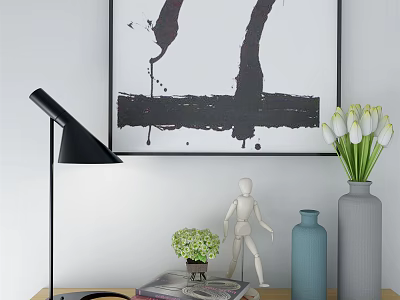 Decorative Ornament Set with Black Table Lamp Mannequin Figure Vases Tulips and Abstract Painting 3d model