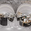 Elegant Restaurant Interior With Tableware Display Shelves Fresh Fruits Warm Lighting And Polished Countertops