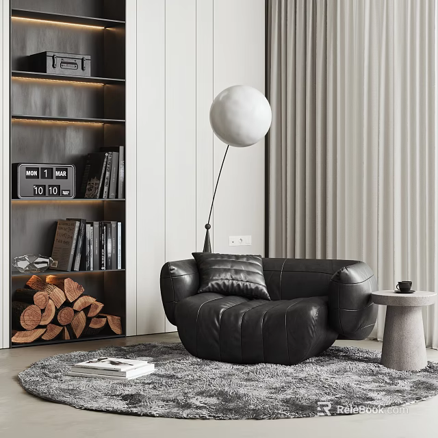Modern Black Leather Sectional Sofa With Floor Lamp Side Table And Bookshelf 3d model 