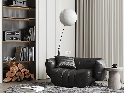 Modern Black Leather Sectional Sofa With Floor Lamp Side Table And Bookshelf 3d model
