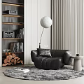 Modern Black Leather Sectional Sofa With Floor Lamp Side Table And Bookshelf