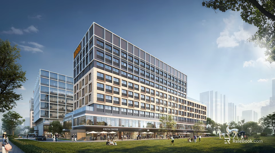 Modern Multi Storey Office Building With Glass Curtain Walls And Green Landscaped Outdoor Spaces 3d model 