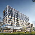 Modern Multi Storey Office Building With Glass Curtain Walls And Green Landscaped Outdoor Spaces