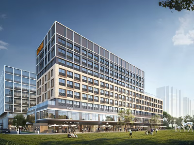 Modern Multi Storey Office Building With Glass Curtain Walls And Green Landscaped Outdoor Spaces 3d model