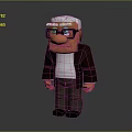 Cartoon Elderly Man Sculpture with White Hair Black Framed Glasses Brown Coat and Serious Expression