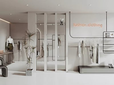Fashion Clothing Store Interior with Hanging Clothes Display Area and Decorative Plant 3d model