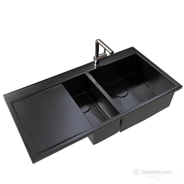 Black Double Bowl Kitchen Sink With Modern Faucet And Sleek Design 3d model 