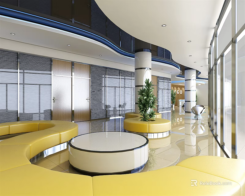 Modern Shop Front Desk Interior with Yellow Seats Round Table Glass Walls and Green Plant 3d model 