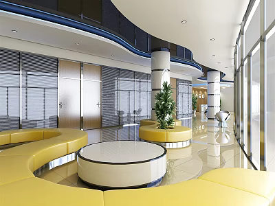 Modern Shop Front Desk Interior with Yellow Seats Round Table Glass Walls and Green Plant 3d model