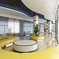 Modern Shop Front Desk Interior with Yellow Seats Round Table Glass Walls and Green Plant