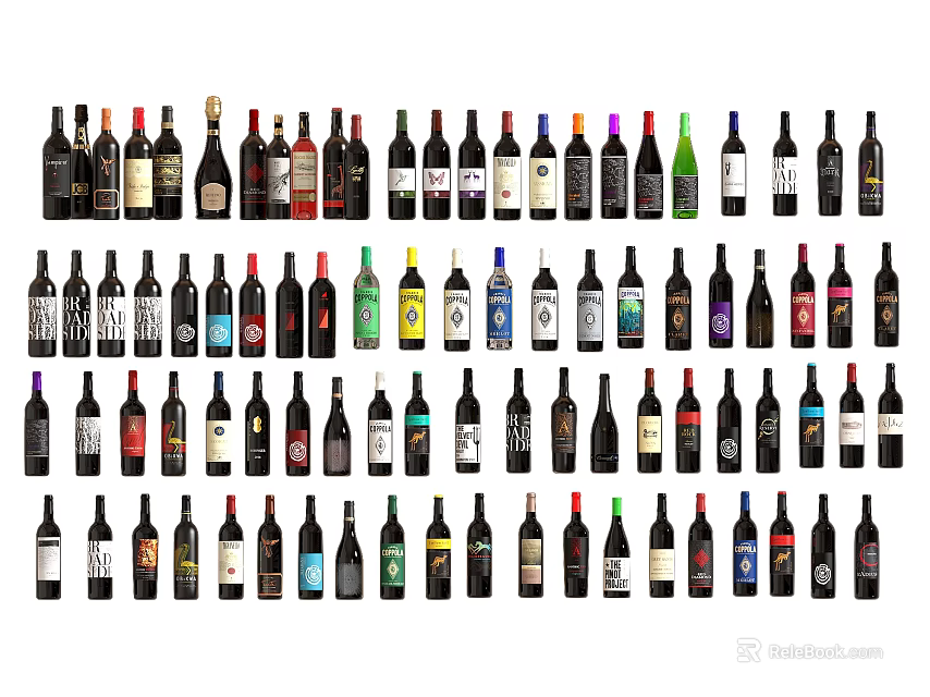 Assorted Wine Bottles and Wine Glasses Collection with Various Designs and Colors 3d model