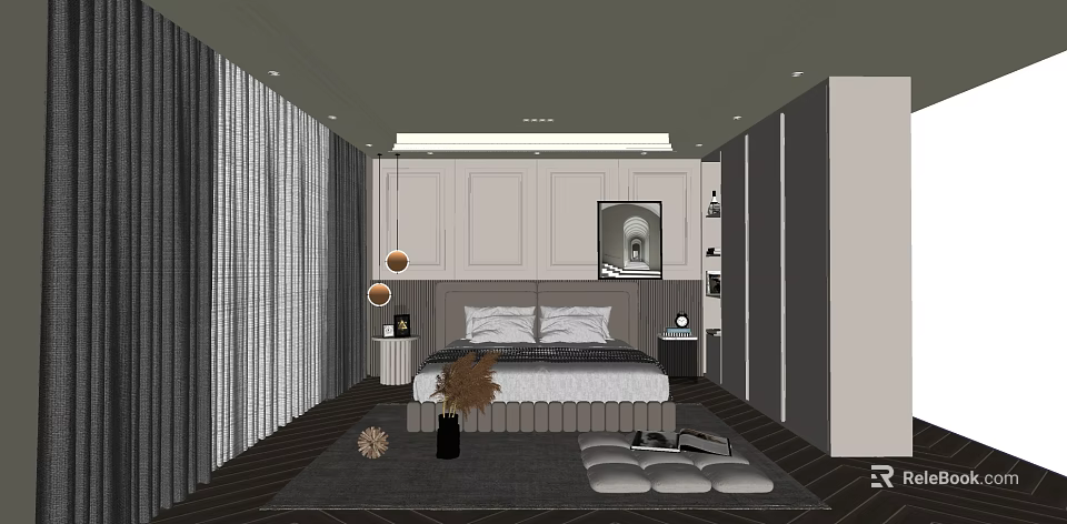 Minimalist Bedroom Interior With Background Double Bed Curtains And Decorative Elements 3d model